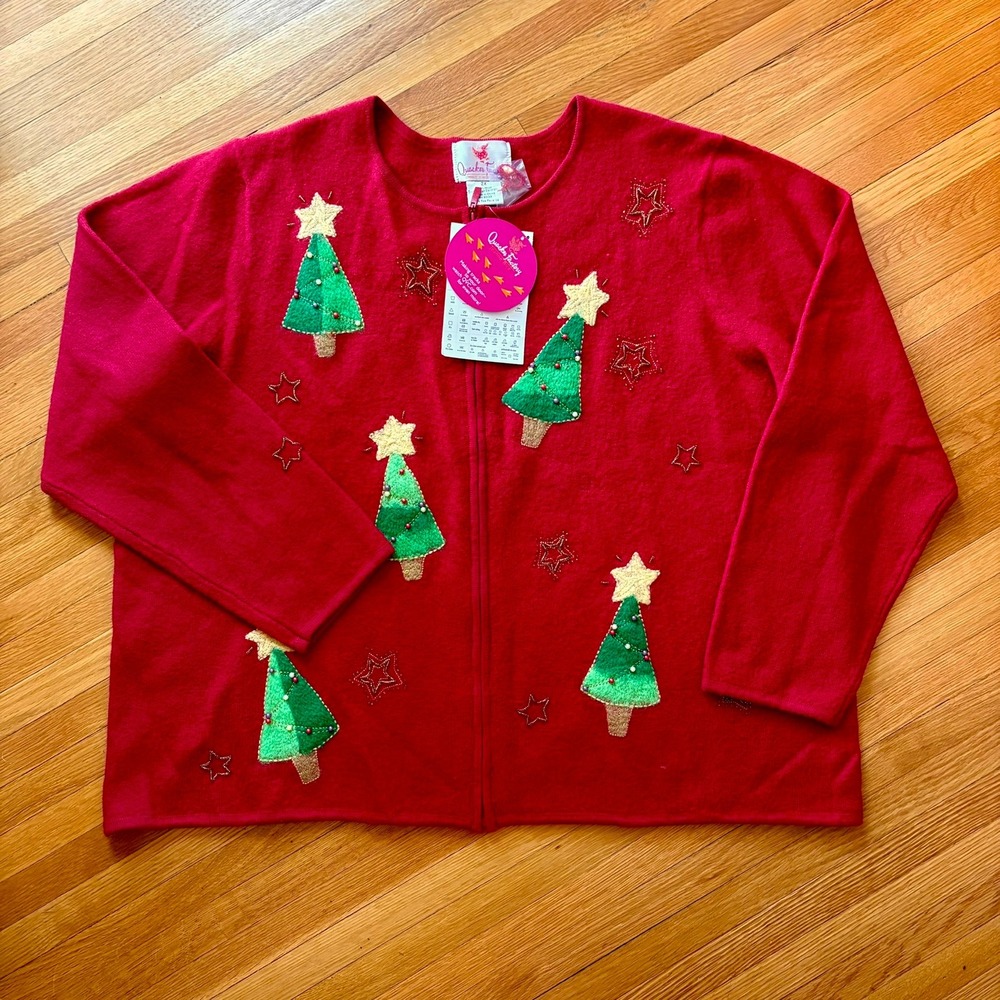 NEW Vintage Quacker Factory Red Wool Christmas Tree Cardigan 2X Beaded Stars Zip